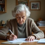 Femme âgée remplissant des formulaires de réexpédition postale