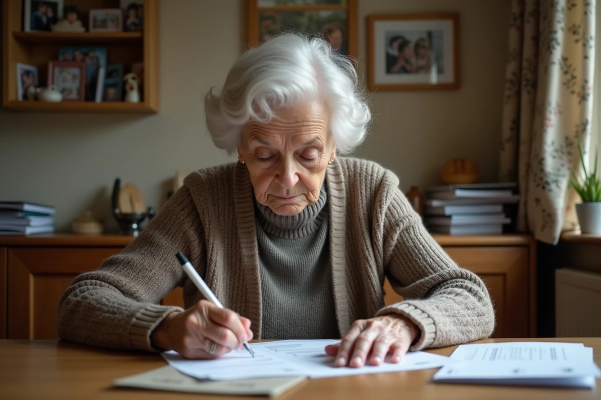 Femme âgée remplissant des formulaires de réexpédition postale