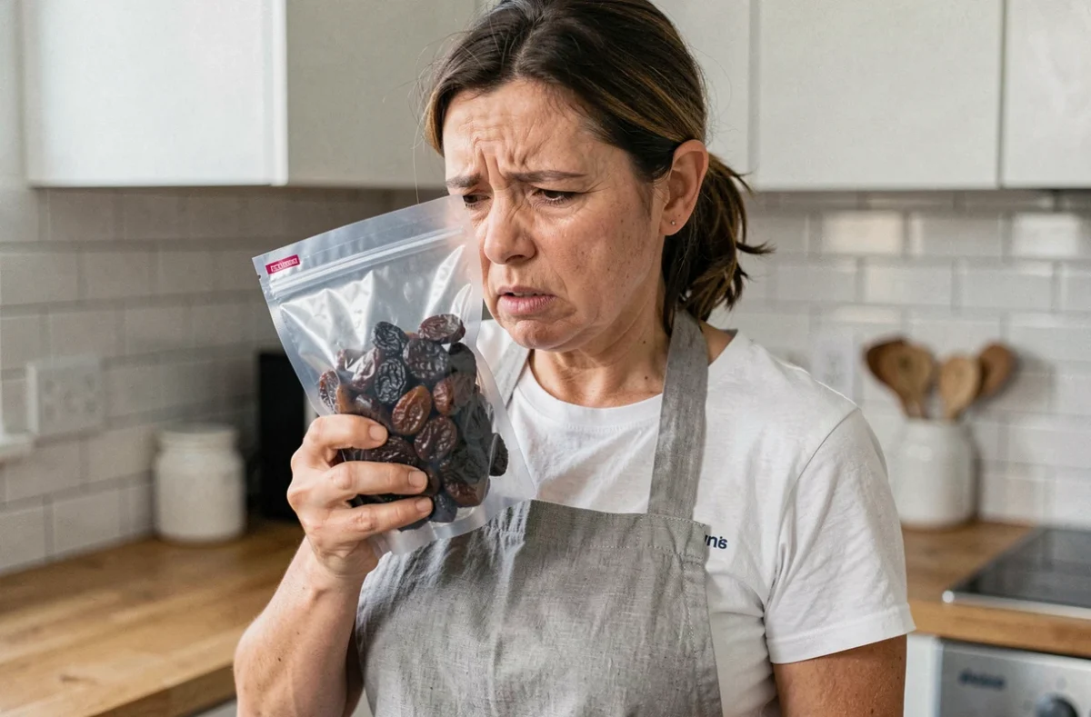 Femme inspectant un sachet de pruneaux périmés dans une cuisine moderne avec une expression de méfiance