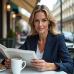Femme lisant un journal à une terrasse de café parisien, actualités françaises de la semaine
