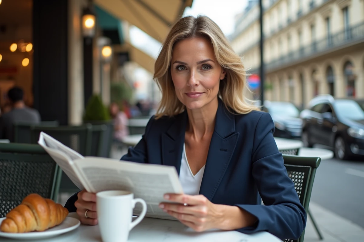 Femme lisant un journal à une terrasse de café parisien, actualités françaises de la semaine