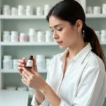 Femme en pharmacie examinant un flacon de Phytargile concentré avec attention