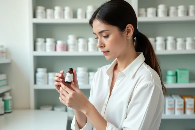Femme en pharmacie examinant un flacon de Phytargile concentré avec attention