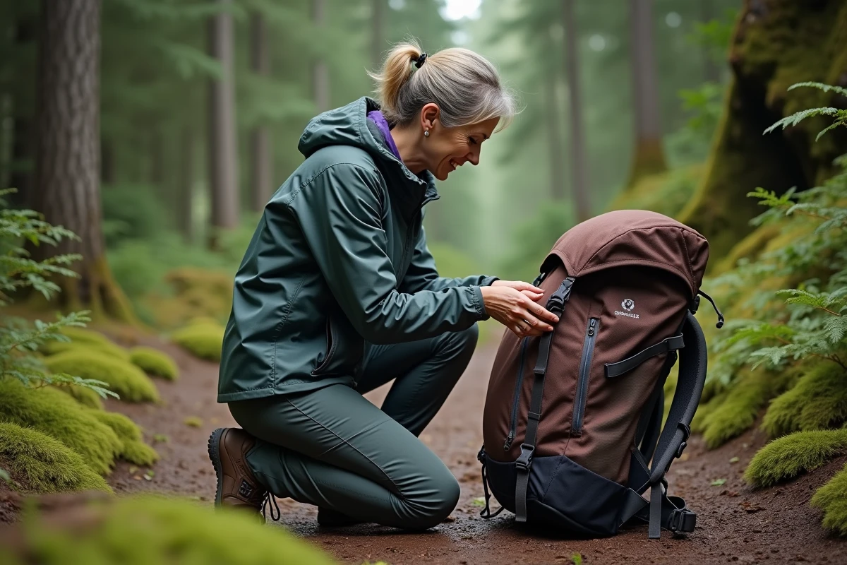 Femme en randonnée vérifiant son sac à dos en forêt