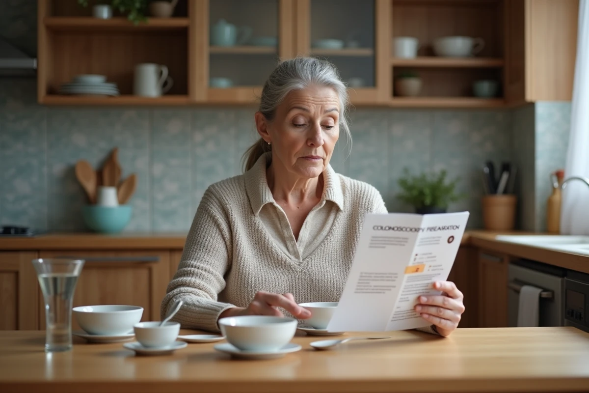 Femme lisant une brochure de preparation colonoscopie à la maison