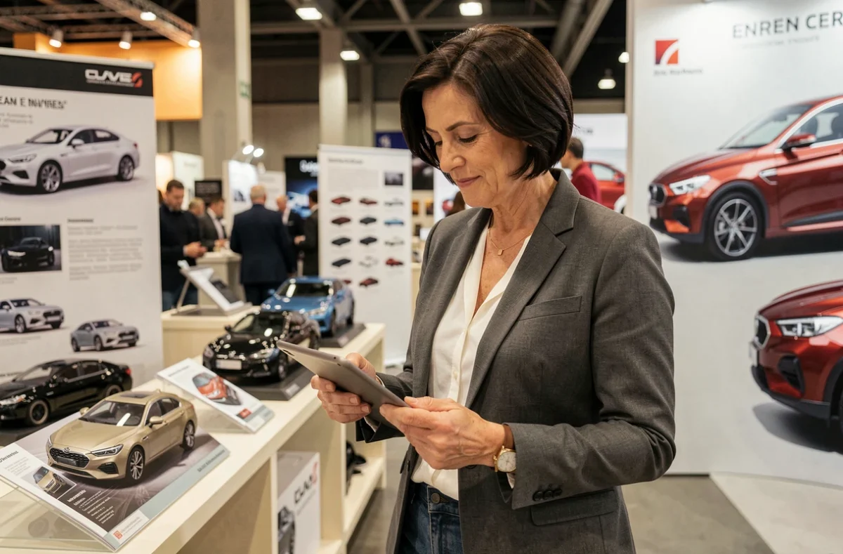 Femme consultant des brochures automobiles et une tablette lors d'un salon de l'automobile avec des maquettes de véhicules en arrière-plan