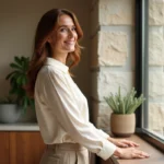 Femme dans un salon moderne et lumineux regardant par la fenêtre