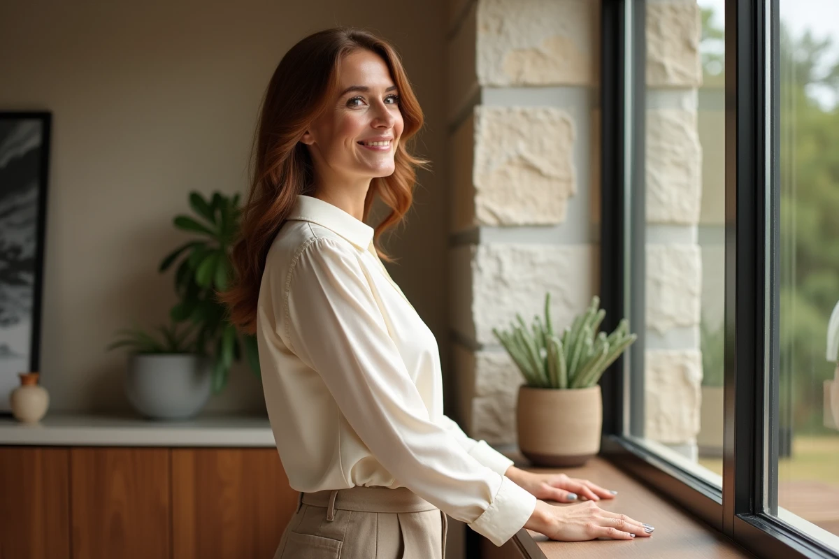 Femme dans un salon moderne et lumineux regardant par la fenêtre