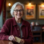 Femme senior souriante tenant une carte vermeil au guichet d'un cinéma français