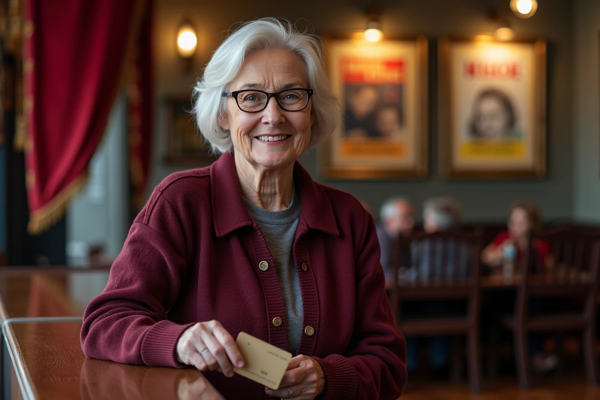 Femme senior souriante tenant une carte vermeil au guichet d'un cinéma français