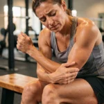 Femme sportive massant son avant-bras après l'effort pour soulager des fourmillements post-exercice