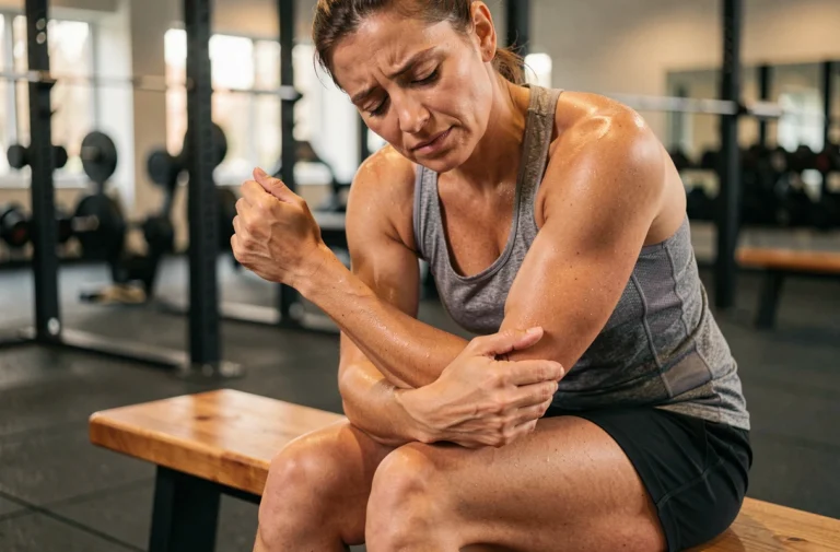 Femme sportive massant son avant-bras après l'effort pour soulager des fourmillements post-exercice
