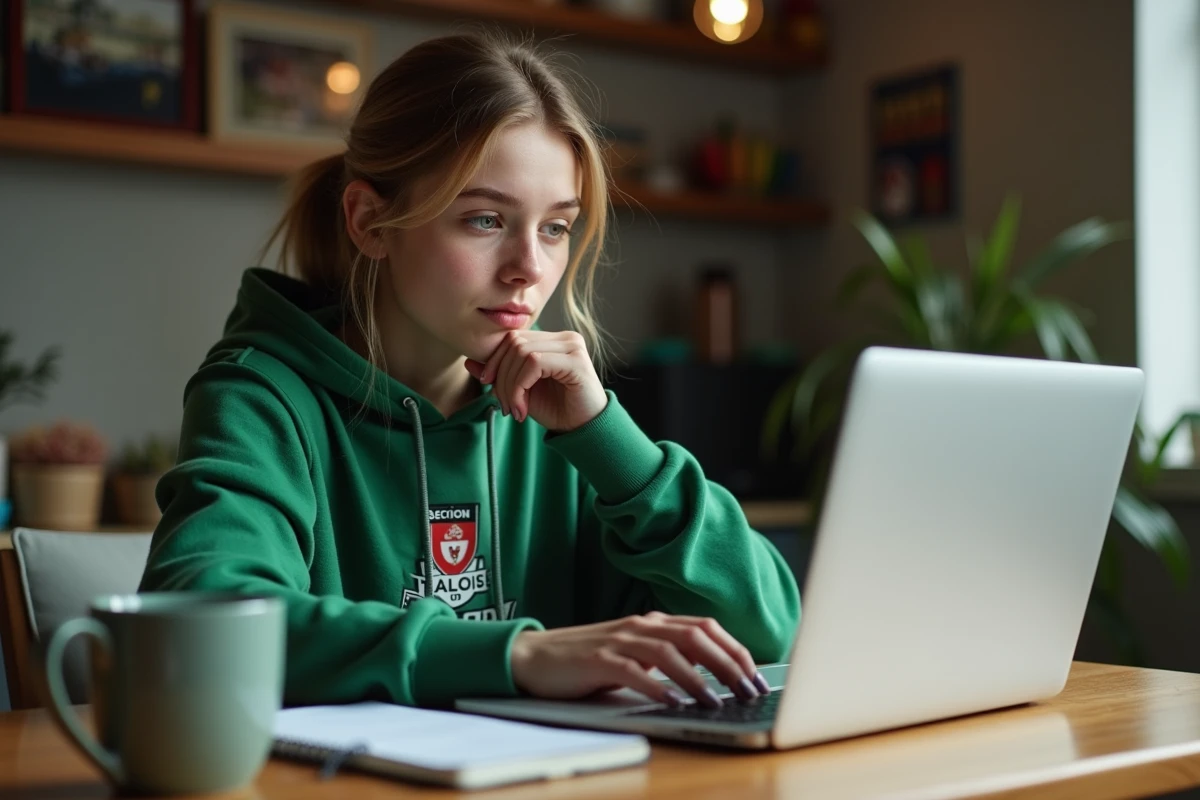 Jeune femme regardant un forum de rugby sur son ordinateur