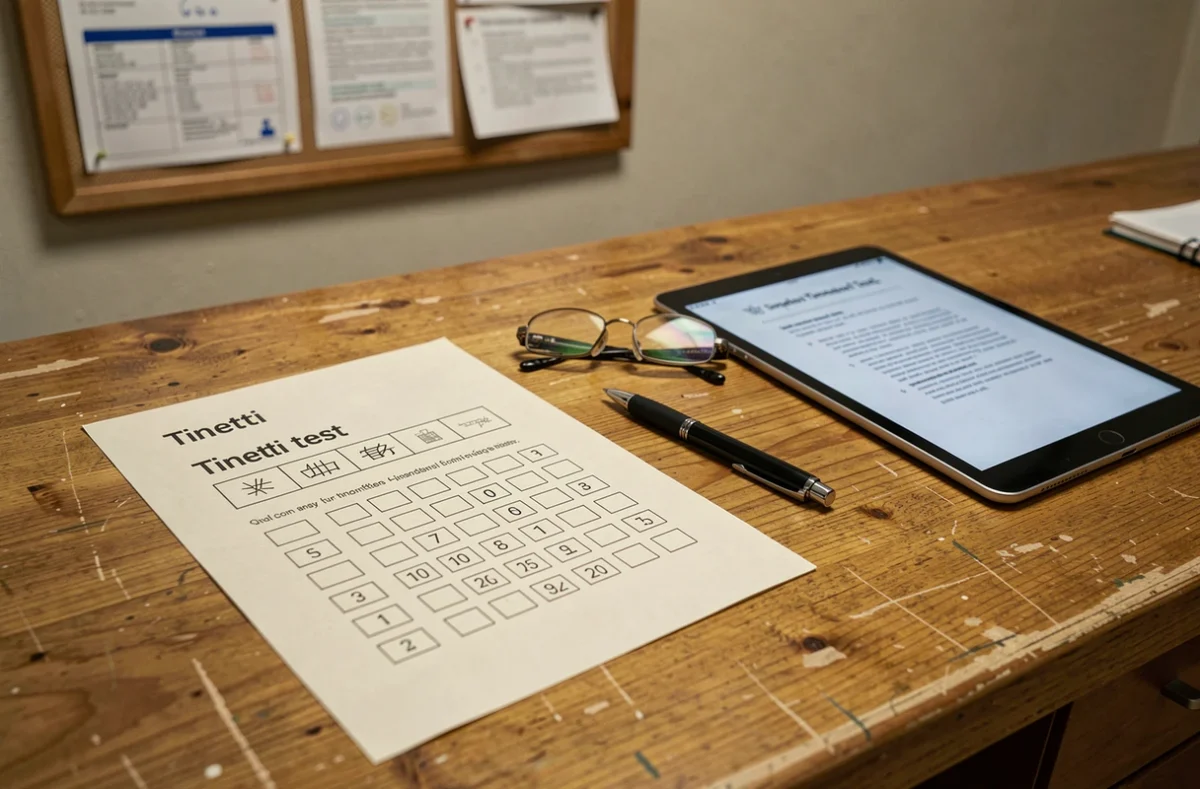 Fiche imprimée du test de Tinetti simplifié posée sur un bureau en EHPAD avec stylo et tablette pour équipes soignantes