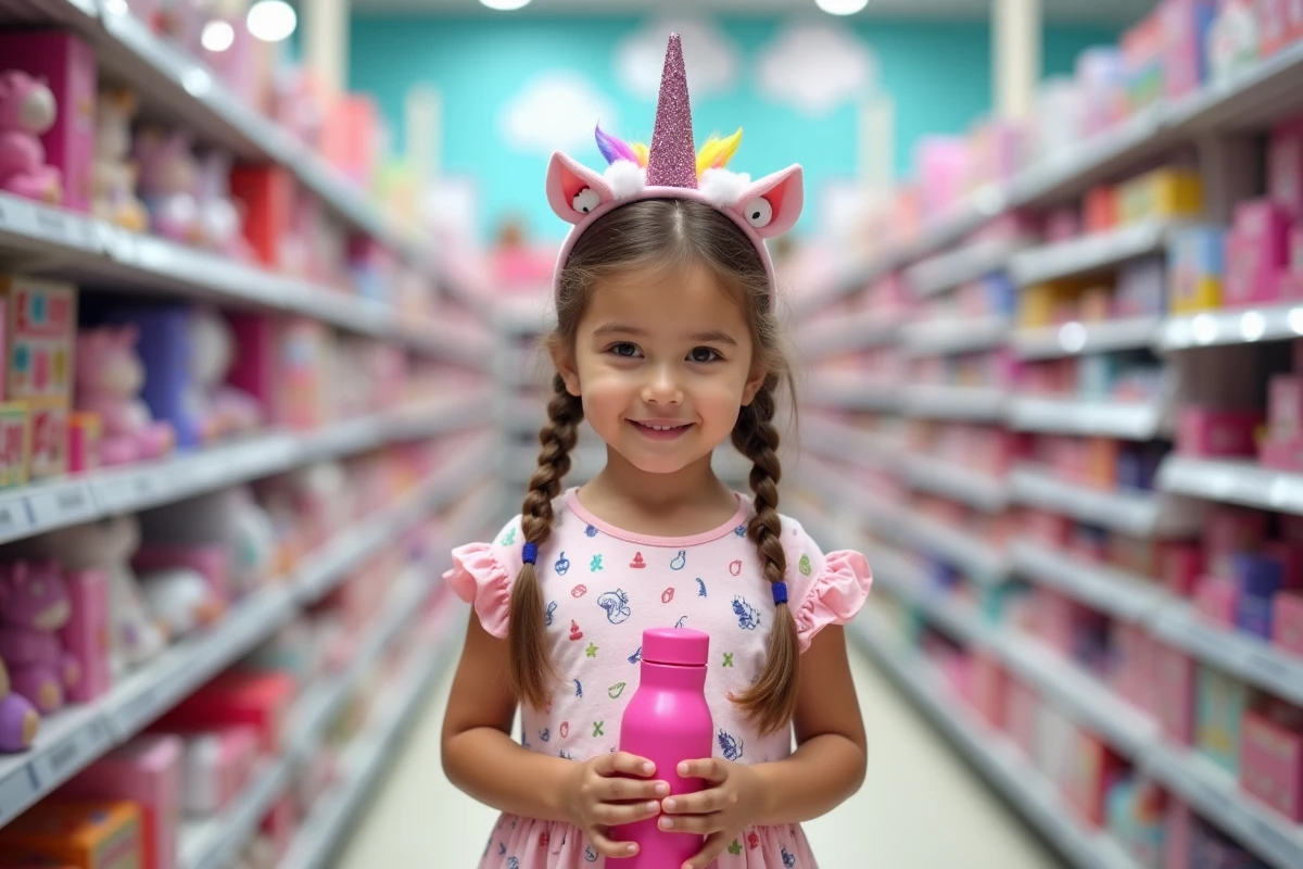 Fillette souriante portant un costume licorne dans un magasin de jouets, tenant une gourde arc-en-ciel parmi des articles thématiques licorne