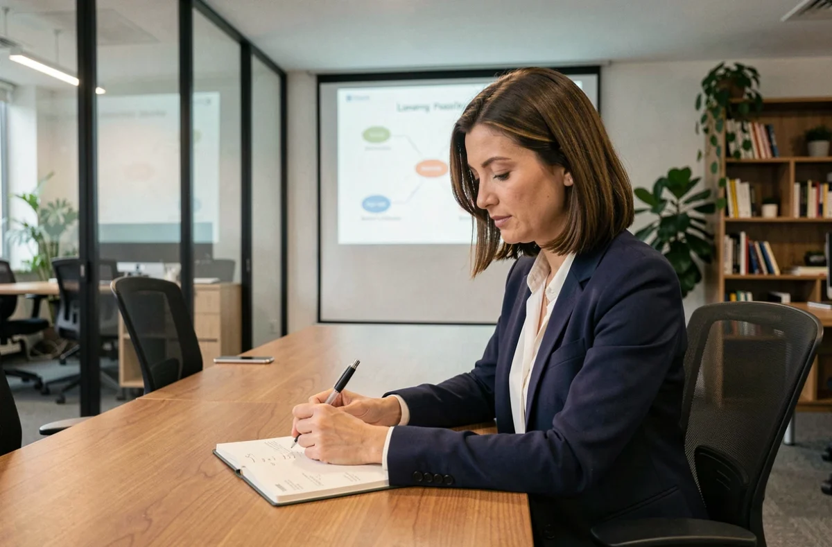 Femme adulte en formation professionnelle prenant des notes dans un centre de formation moderne