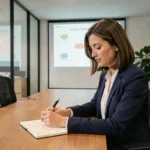 Femme adulte en formation professionnelle prenant des notes dans un centre de formation moderne