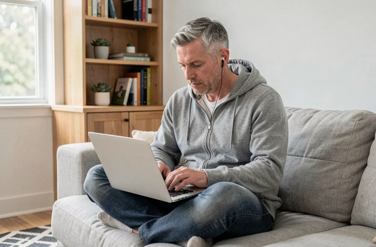 Homme adulte suivant une formation en ligne depuis son bureau à domicile avec un ordinateur portable
