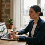 Femme parisienne se formant aux métiers du digital en ligne depuis son appartement avec vue sur les toits