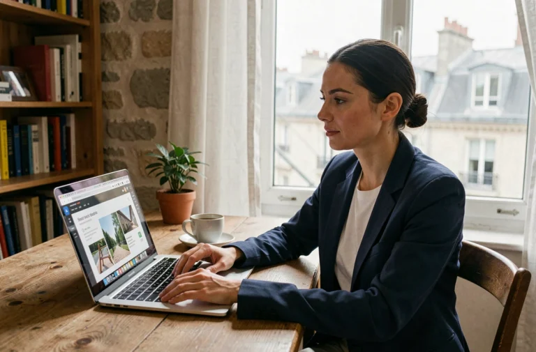 Femme parisienne se formant aux métiers du digital en ligne depuis son appartement avec vue sur les toits