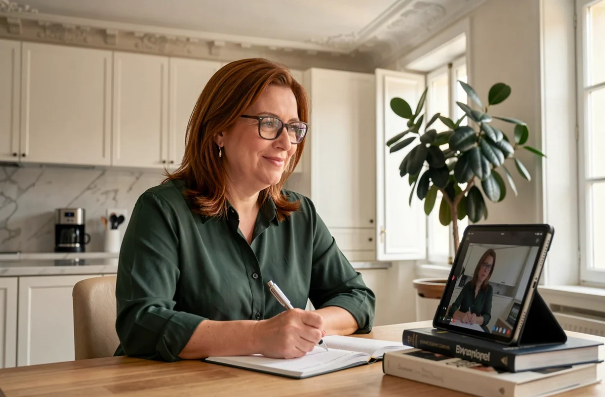 Femme de 40 ans suivant une formation digitale en ligne depuis sa cuisine dans un appartement parisien haussmannien
