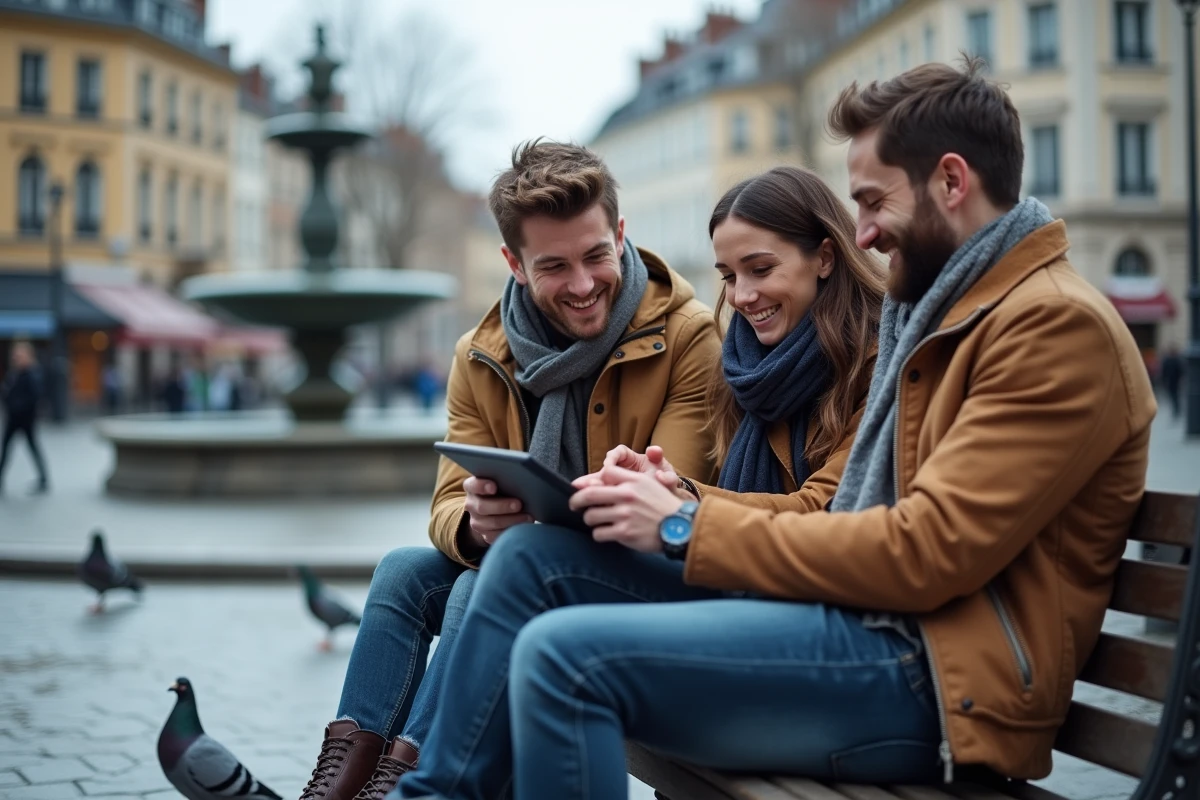 Groupe de personnes consultant les actualités françaises sur une tablette dans un square urbain