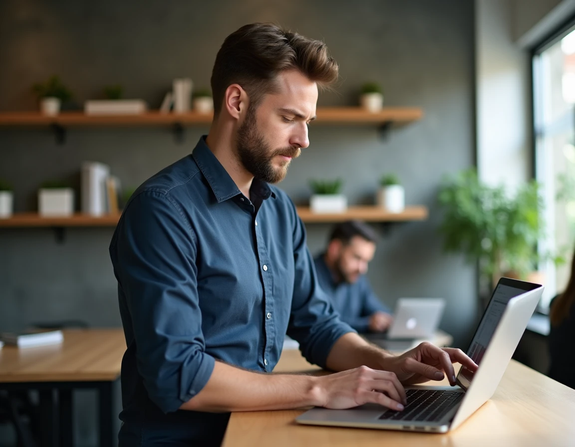 Homme en co-working analysant la présentation et les fonctionnalités d'un site web sur laptop et tablette