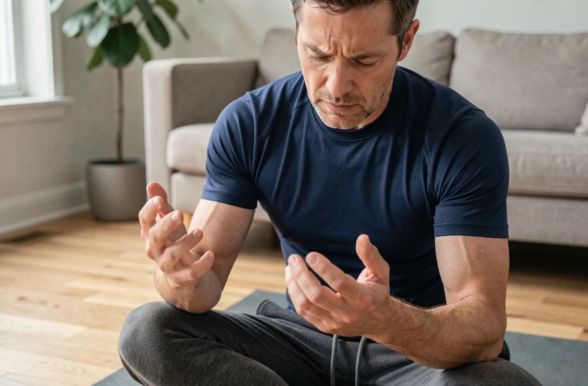 Homme observant ses mains avec des fourmillements après une séance de sport à domicile