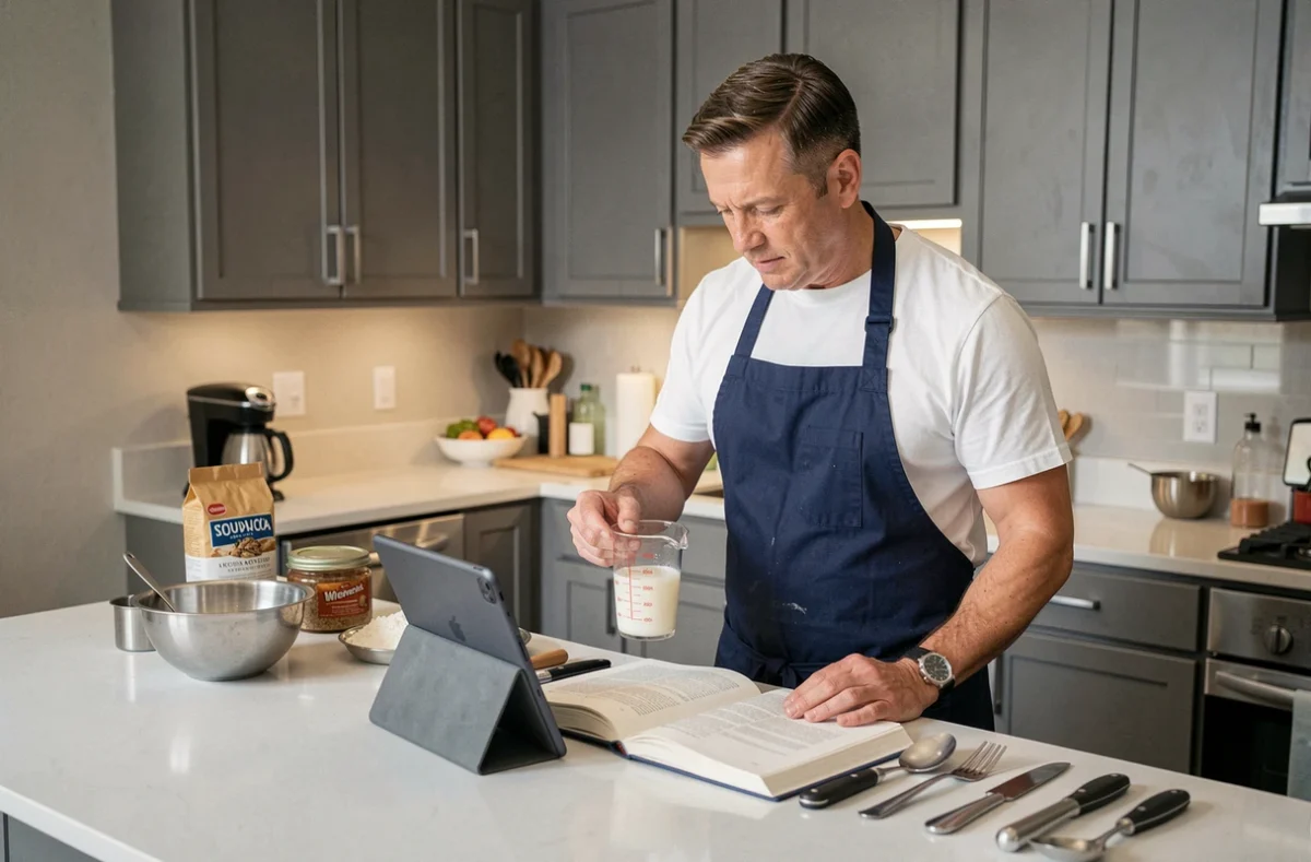 Homme consultant une recette sur tablette tout en mesurant 40cl de lait dans un verre doseur dans une cuisine moderne