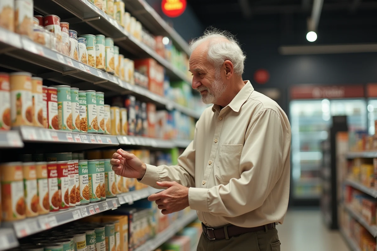 Homme choisissant des broths en supermarche