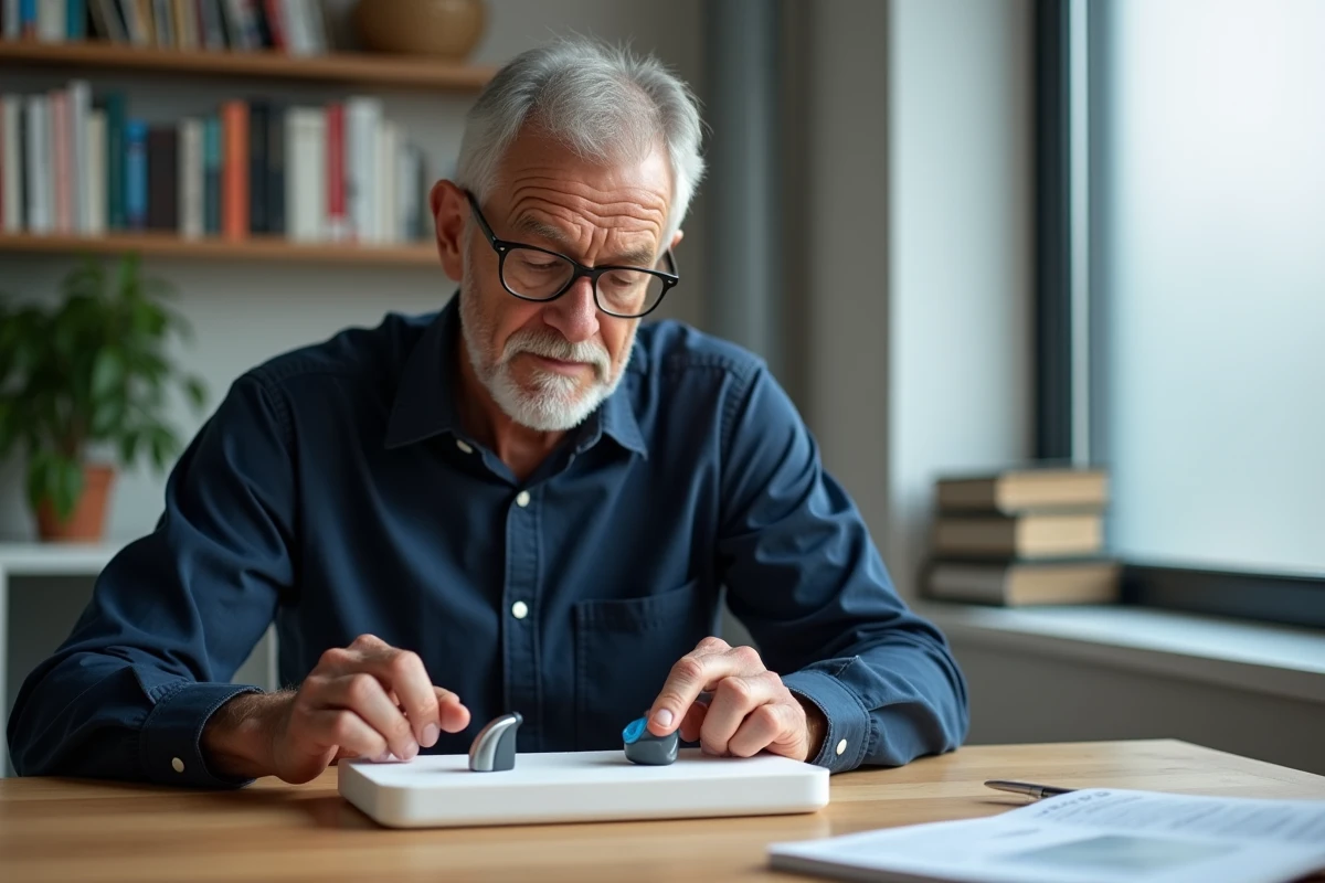 Homme senior comparant deux modèles d'appareils auditifs à son bureau, choix entre Audika et Amplifon