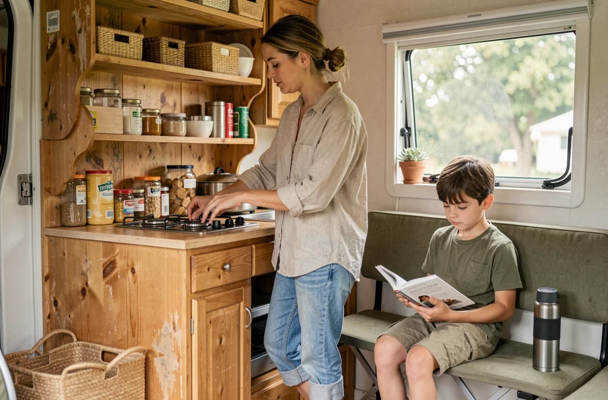Femme préparant un repas dans l'intérieur aménagé d'un van avec étagères en bois, pendant que son fils lit un livre assis sur une banquette
