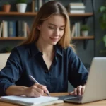 Jeune femme au bureau naviguant sur le site Kömal