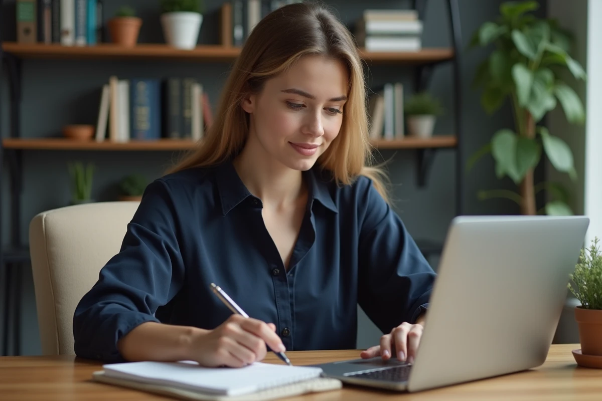 Jeune femme au bureau naviguant sur le site Kömal