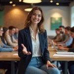 Jeune femme en blazer discutant en coworking dynamique