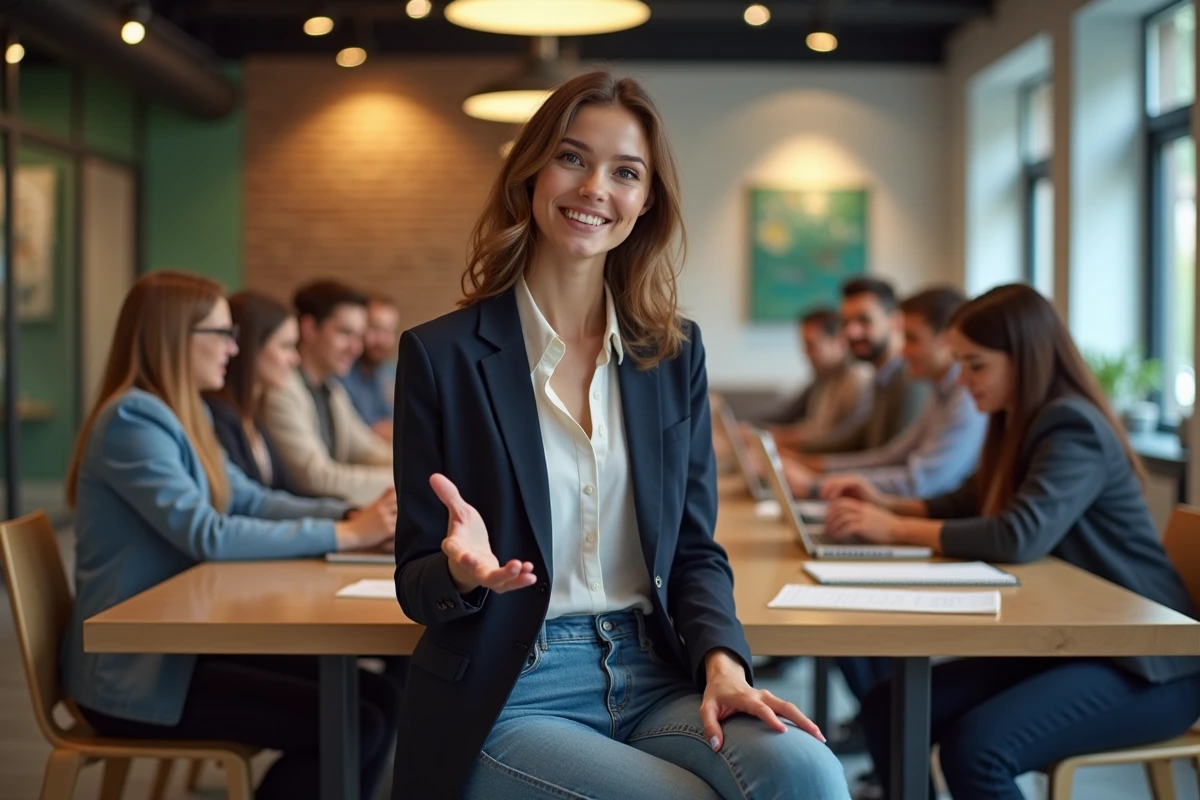 Jeune femme en blazer discutant en coworking dynamique