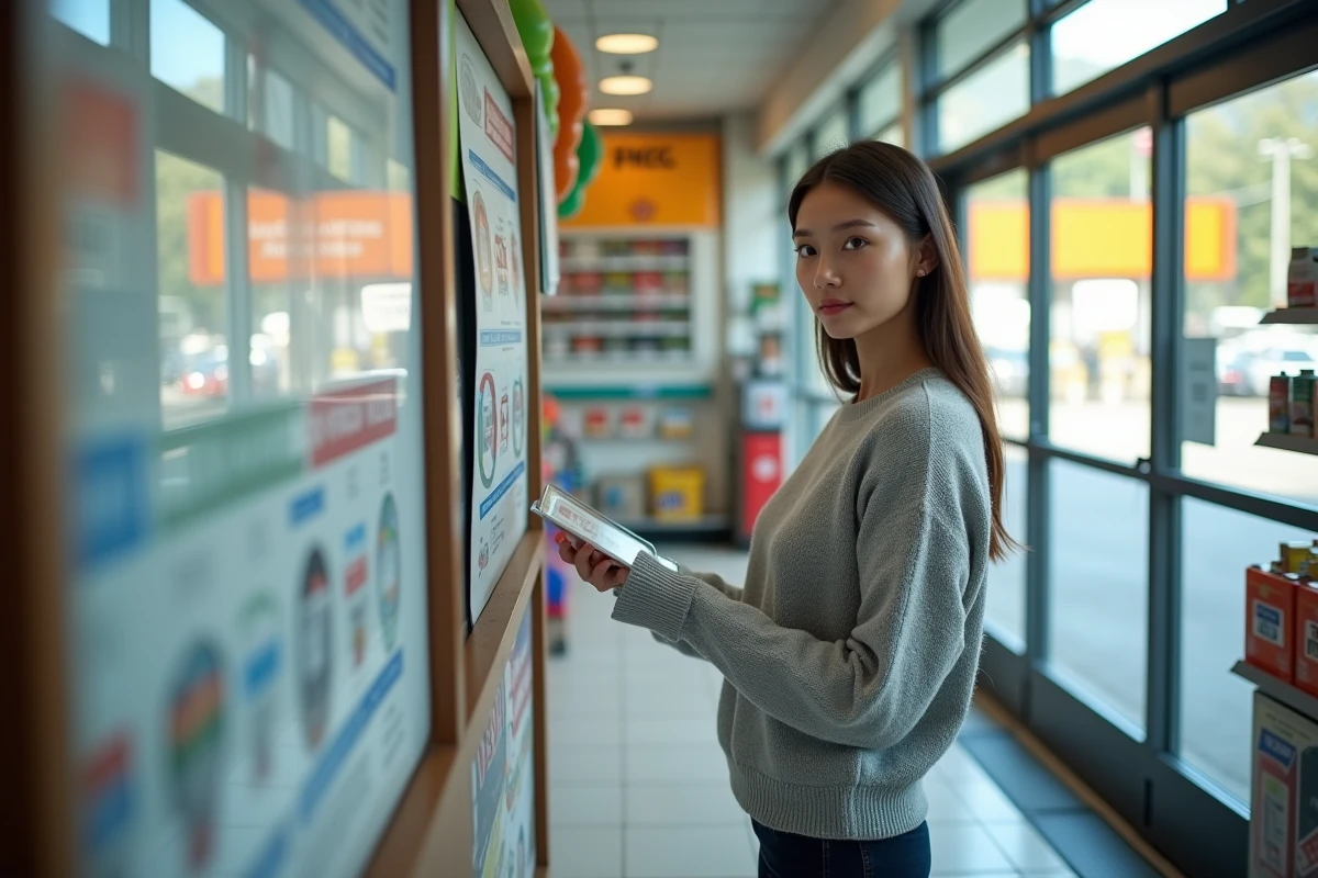 Jeune femme consulte un guide de carburant dans un magasin