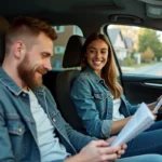 Jeune femme souriante en voiture avec un homme regardant des papiers