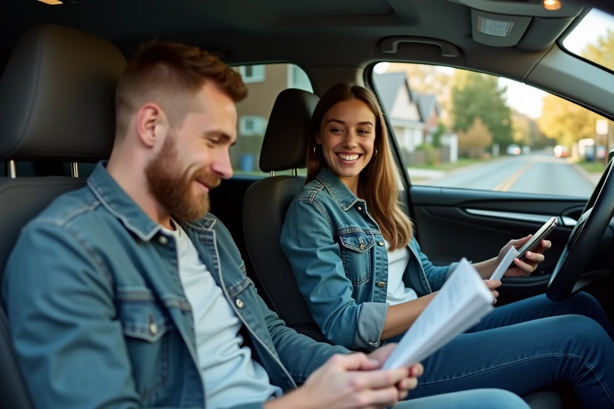 Jeune femme souriante en voiture avec un homme regardant des papiers