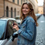 Jeune femme souriante avec voiture en ville en Italie