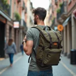 Jeune homme ajustant son sac à dos en ville
