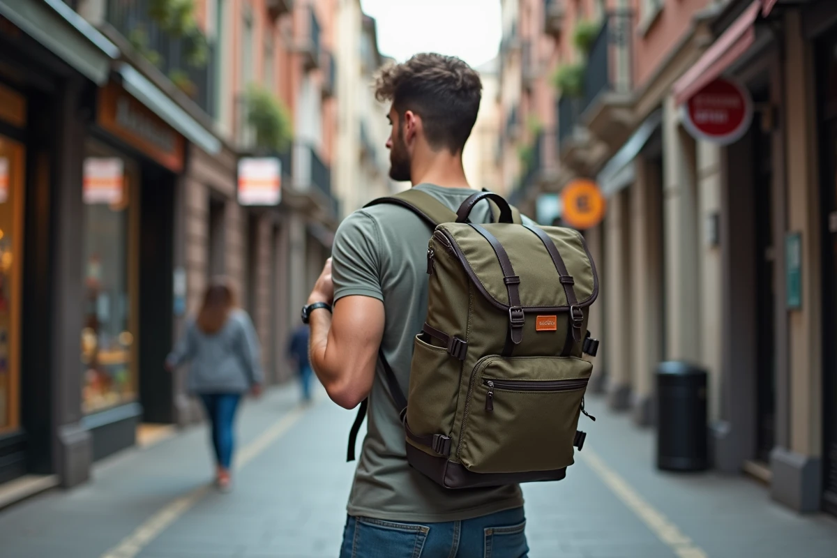 Jeune homme ajustant son sac à dos en ville