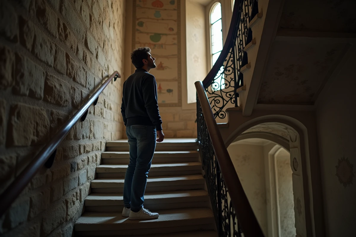 Jeune homme dans un château ancien avec escalier en pierre