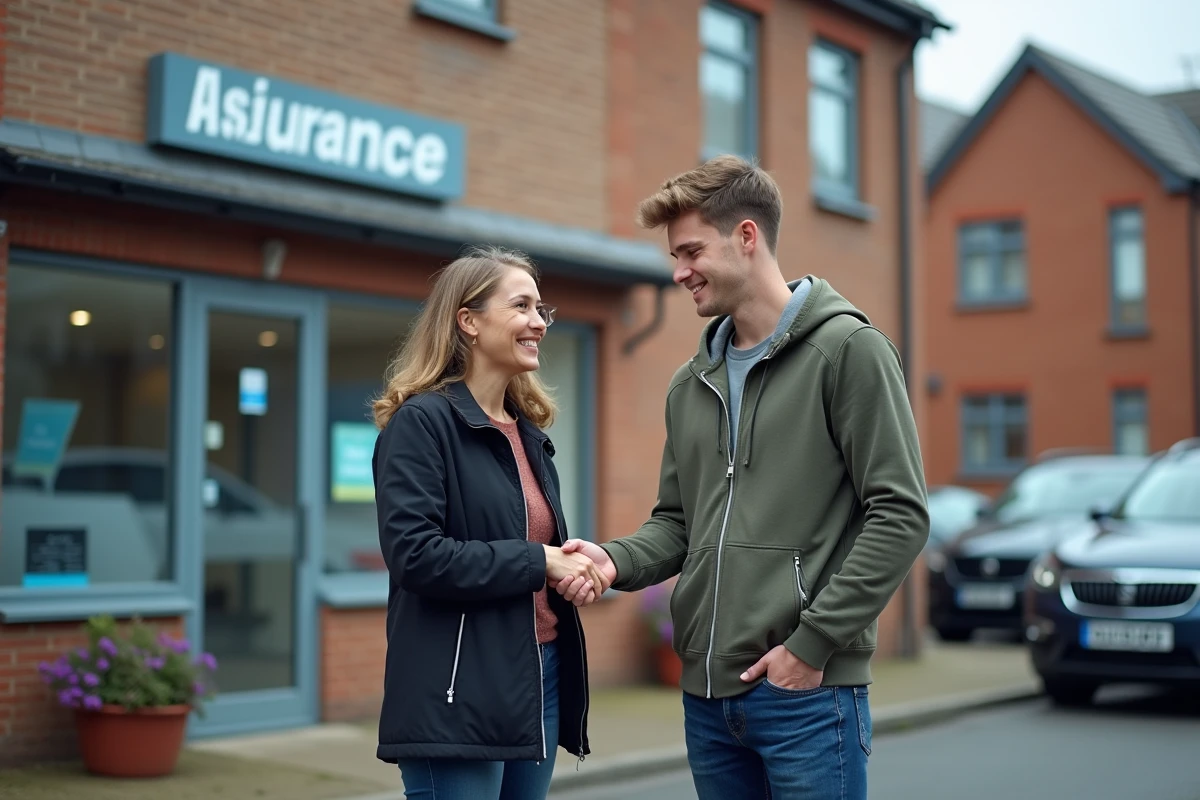 Jeune homme donnant des clés à une femme devant une école de conduite