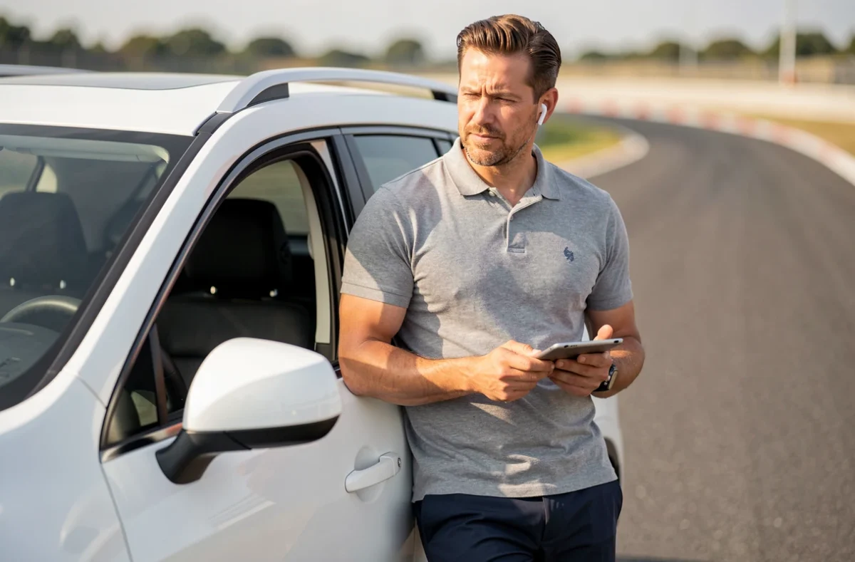 Journaliste automobile masculin en train d'évaluer un SUV blanc sur une piste d'essai extérieure avec bloc-notes numérique