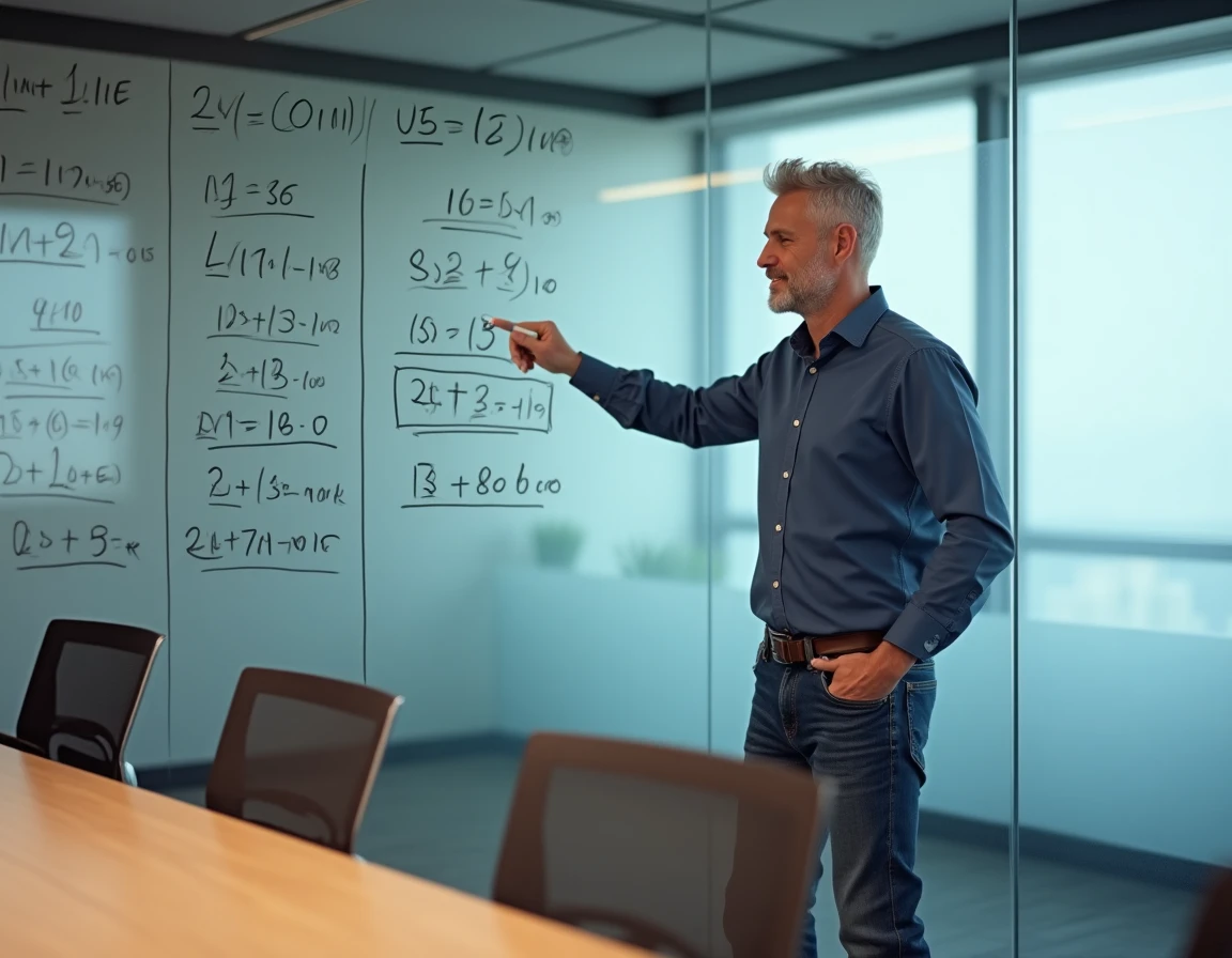 Manager expliquant le système de calcul des heures en centièmes sur un tableau de conférence