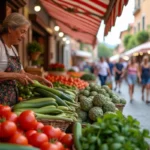 Étal de légumes frais colorés au marché de Bordighera en Italie avec une vendeuse italienne souriante
