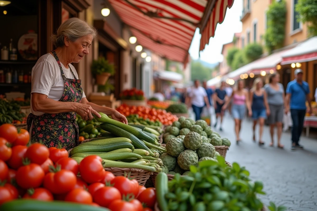 Étal de légumes frais colorés au marché de Bordighera en Italie avec une vendeuse italienne souriante