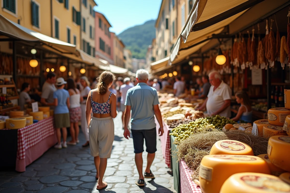 Vue panoramique du marché en plein air de Bordighera avec la mer ligure en arrière-plan et des étals de spécialités italiennes