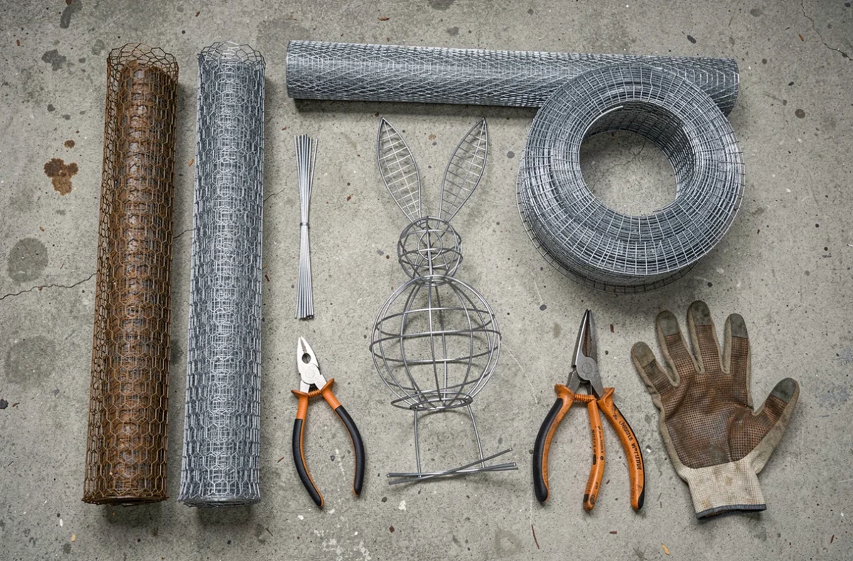 Vue de dessus du matériel nécessaire pour créer des sculptures en grillage : rouleaux de grillage, pinces, cisailles et armature de lapin en fil de fer